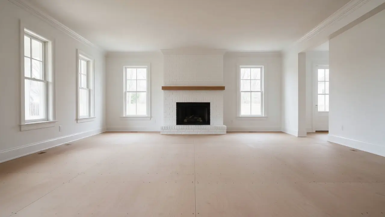 Bright living room with a white brick fireplace where new oak hardwood planks are installed as you scroll